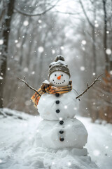 Fototapeta premium Happy snowman in winter scenery. Postcard or background. High quality photo