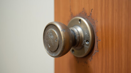 Obraz premium Close-Up of a Worn Door Handle on Wooden Surface