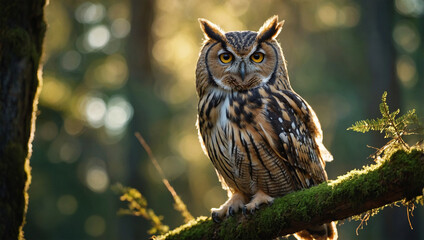 Fototapeta premium Close-up of an owl perched on a branch, with soft sunlight filtering through the forest canopy.
