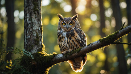 Close-up of an owl perched on a branch, with soft sunlight filtering through the forest canopy.