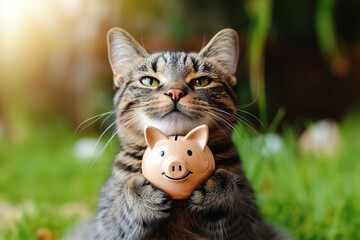 Adorable cat asks donations for homeless animals, holding piggy bank in his paws