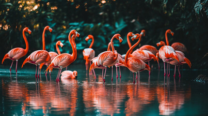A flock of flamingos standing elegantly in shallow water