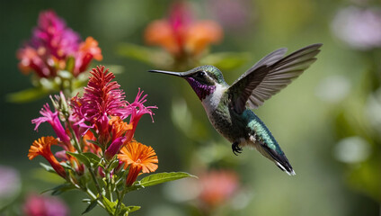 Hummingbird mid-flight, sipping nectar from a vibrant flower, with a blurred garden background.