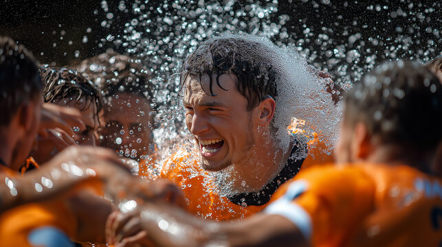 A coach being doused with Gatorade by his players after a victory