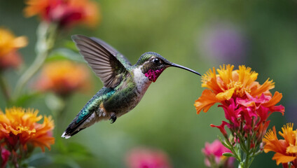 Fototapeta premium Hummingbird mid-flight, sipping nectar from a vibrant flower, with a blurred garden background.