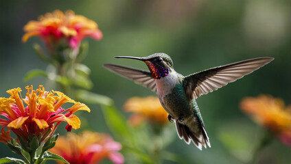 Fototapeta premium Hummingbird mid-flight, sipping nectar from a vibrant flower, with a blurred garden background.