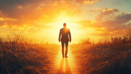A businessman visualizes his journey to success as he walks a path illuminated by sunlight, metaphorically highlighting the road to his goals.