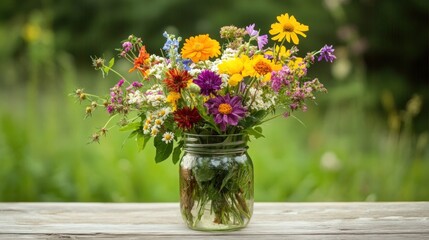 Fototapeta premium A colorful bouquet of wildflowers in a glass jar on a wooden table.