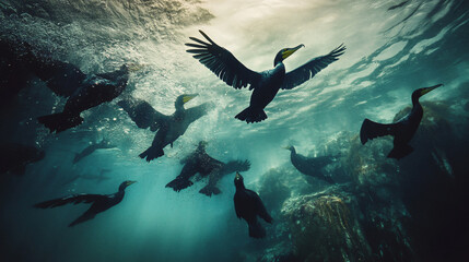 A flock of cormorants diving for fish