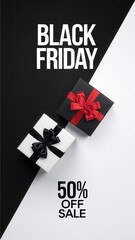 Black Friday poster with gift boxes and checkered background, 50 percent off sale