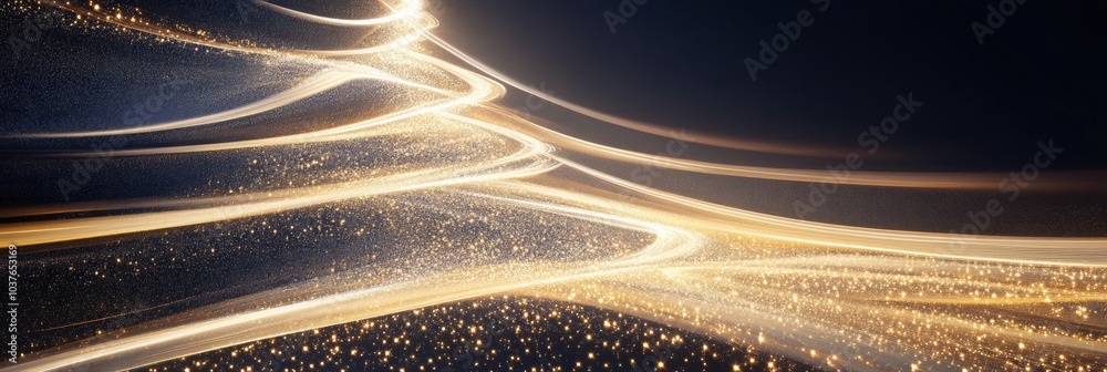 Poster An abstract representation of a Christmas tree adorned with glowing light trails and sparkling elements, creating a festive atmosphere. Generative AI