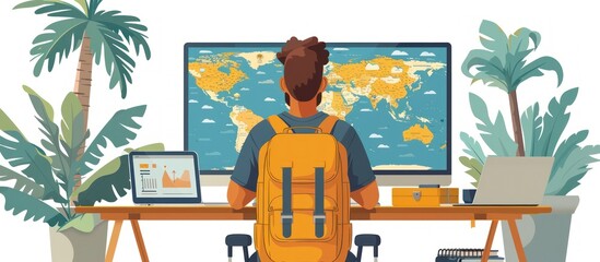 A man sits at a desk with a world map on the screen. He is wearing a backpack and looking at the screen. There are plants on the desk and a laptop in front of him. He is planning his next adventure.