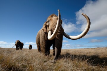 Obraz premium Mammoth portrait: A detailed portrait of a mammoth, showcasing the prehistoric creature's distinctive features and majestic presence, bringing to life the grandeur of ancient ice age wildlife.