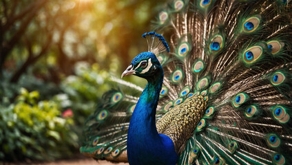 Obraz premium Majestic peacock displaying its vibrant tail feathers, standing in a lush garden under bright sunlight.