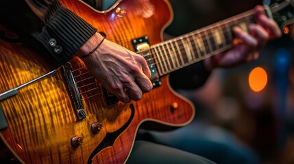 Naklejka premium blurry background close-up of a guitarist's hands playing at a jazz event.