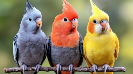 Fototapeta premium Three colorful parrots perched on a branch, looking at the camera.