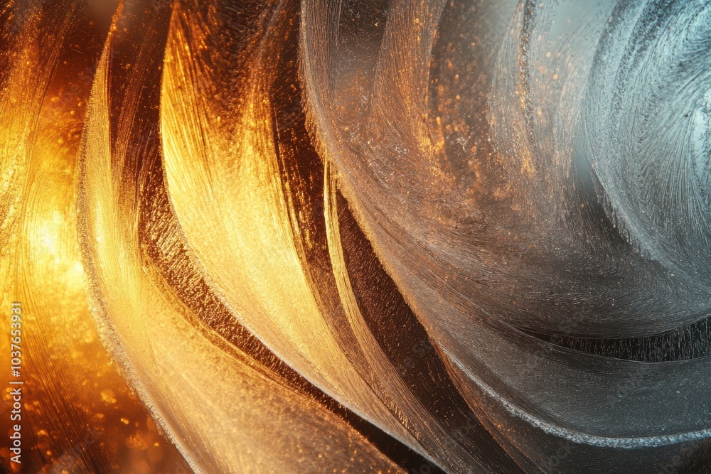 Poster delicate frosty patterns showcase intricate designs, merging warm and cool colors in sunlight during