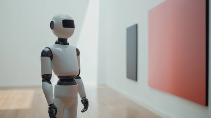 A robotic art gallery curator, contemporary museum with robotic guides and artworks, Modern style