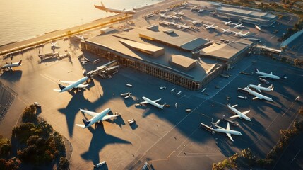 Aerial view of an airport at sunset with numerous airplanes parked on the tarmac and long shadows cast on the ground.