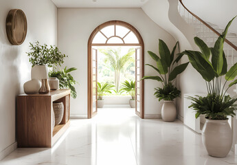 Tropical Entryway: A serene and inviting entryway with lush greenery, a wooden console table, and a view of a tropical garden through a large arched doorway.