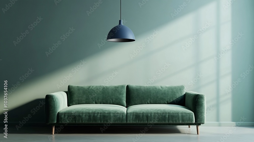 Poster a green velvet sofa sits in a minimalist living room with a single pendant lamp hanging above it. su