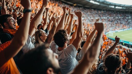 A crowd cheering together at a sports event, sharing a collective sense of excitement and pride