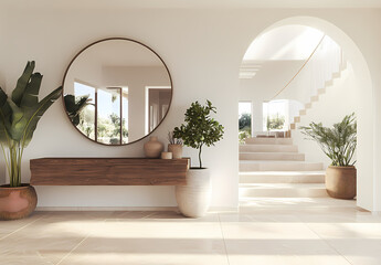 Modern Minimalist Entryway: A sun-drenched entryway with a contemporary aesthetic. The focal point is a large round mirror reflecting the natural light that streams through the arched doorway.