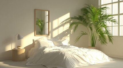 3D rendering of a modern minimalistic bedroom interior featuring a tropical palm tree a bed with white linens a mirror and a bedside lamp for a cozy atmosphere