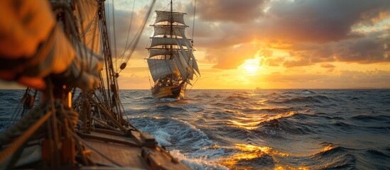 A tall ship sails through the water at sunset. The setting sun is casting a golden glow on the waves.