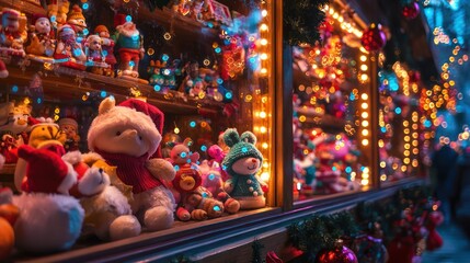 A festive shop scene with plush toys illuminated by vibrant lights, inviting a joyful holiday mood.