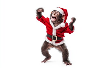 Energetic monkey in santa suit dancing joyfully against a simple white background isolated