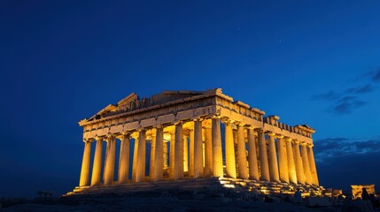Fototapeta premium Ancient Parthenon illuminated at dusk in Greece