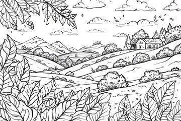 Fototapeta premium Coloring book illustration of vibrant autumn foliage in a rural landscape
