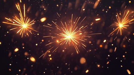 Naklejka premium Golden fireworks and bursting rockets illuminate a dark sky in this vibrant 2D cartoon illustration showcasing sparkling sparklers and a festive atmosphere for celebrations