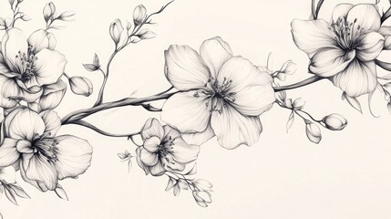 Elegant fine line art of twigs adorned with flowers