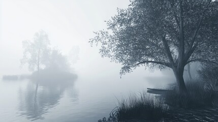 Naklejka premium Foggy lake scene in monochrome style with 3D rendering effects
