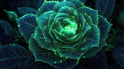 Obraz premium Illuminated Abstract Green Rose with Leaves