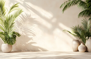 Obraz premium Serene Botanical Backdrop: a tranquil scene of potted plants and elegant vases against a sun-drenched wall, creating a space for serenity.