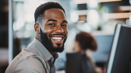 Naklejka premium A customer service worker smiling politely while dealing with a difficult customer, managing their emotions professionally