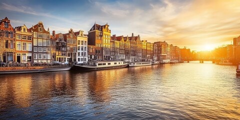 Obraz premium The picturesque canals of Amsterdam, lined with charming houses, reflect the golden glow of the setting sun. The River Amstel flows through the heart of the city, adding to its timeless beauty.