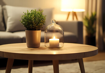 Candlelight Cozy: A warm and inviting living room scene with a lit candle in a glass cloche, a potted plant, and soft lighting on a wooden coffee table, creating a sense of peace and tranquility. 
