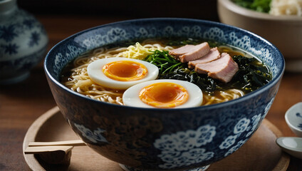 Traditional Japanese ramen with sliced pork, seaweed, and a boiled egg, placed in a ceramic bowl with broth.