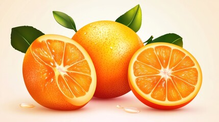 Fresh Juicy Oranges with Green Leaves