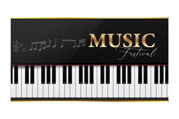 Fototapeta premium Concept of music festival poster design with piano keyboard, lettering in golden and black colors. 