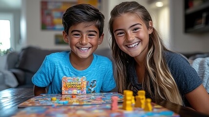 Fototapeta premium Two happy children playing a board game together at home.