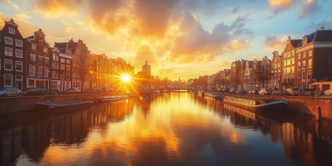 Obraz premium The picturesque canals of Amsterdam, lined with charming houses, reflect the golden glow of the setting sun. The River Amstel flows through the heart of the city, adding to its timeless beauty.