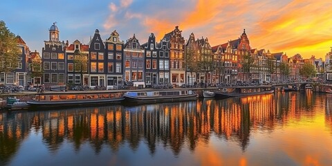 The picturesque canals of Amsterdam, lined with charming houses, reflect the golden glow of the setting sun. The River Amstel flows through the heart of the city, adding to its timeless beauty.