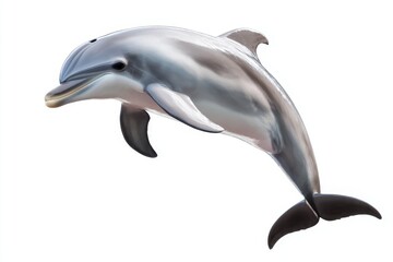 Fototapeta premium Joyful dolphin dressed in circus attire performing a dance leap against a white background isolated