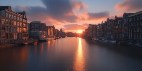 Fototapeta premium The picturesque canals of Amsterdam, lined with charming houses, reflect the golden glow of the setting sun. The River Amstel flows through the heart of the city, adding to its timeless beauty.
