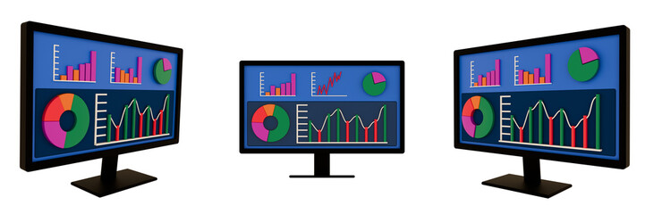 3D monitor displaying infographics. Statistical data with growth and decline charts. Isolated on a transparent background